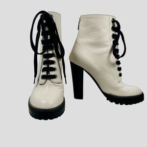 Sergio Rossi Cream Leather Heeled Combat Boots Size 37.5 | US Size 8